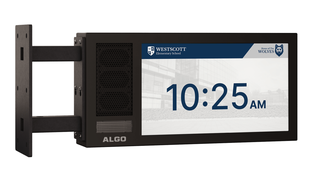 Image of Algo 8420 dual-sided display speaker with time of 10:25am.