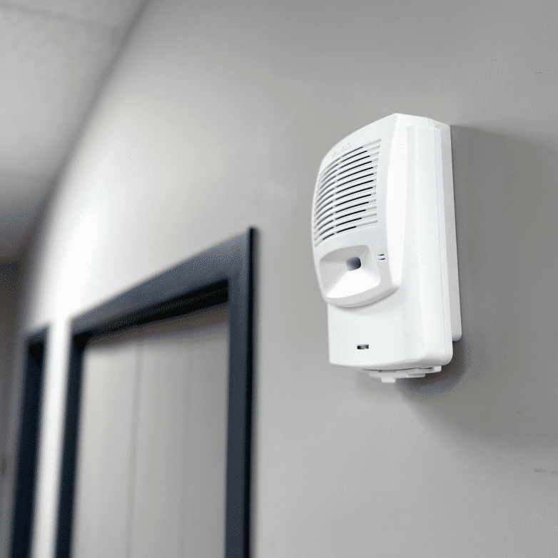Image of Algo 8180 Audio Alerter mounted on a wall in a hallway for loud ringing.